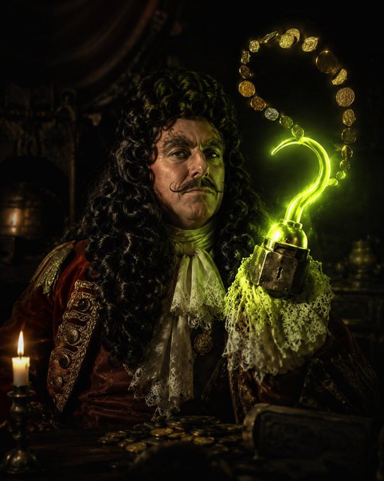 A dramatic digital portrait of a man in 17th-century attire with long curly dark hair and a curled mustache, holding up a glowing green question mark made of light above a padlock, with gold coins scattered on a table.