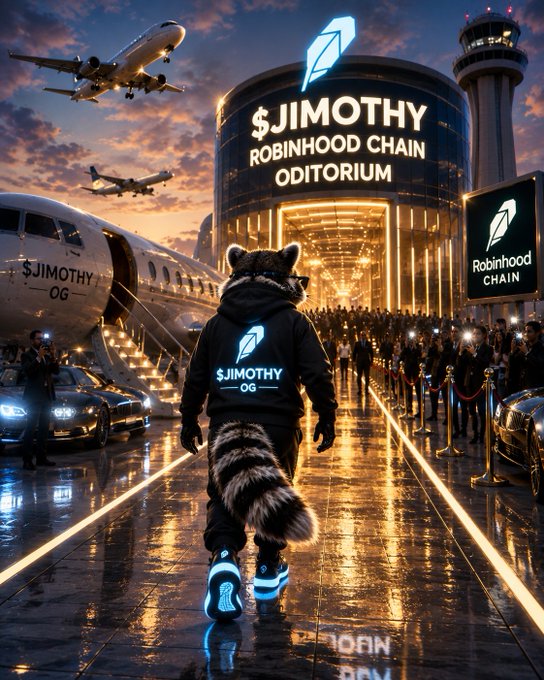 An anthropomorphic raccoon wearing a black hoodie emblazoned with "$JIMOTHY — OG" walks down a glowing red carpet toward the "$JIMOTHY ROBINHOOD CHAIN ODITORIUM," flanked by luxury cars and an airplane, capturing the grand arrival vibe of the community-driven $JIMOTHY movement.