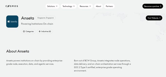 Cosmos website featuring Anseta from Singapore, described as 'Powering Institutions On-chain' through enterprise-grade node, execution, data, and agentic services with SOC-2 Type II certification.