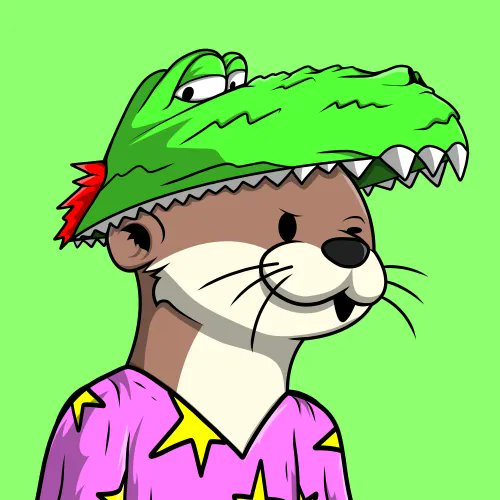 A cartoon illustration of an otter with buck teeth wearing a pink shirt decorated with yellow stars and a green crocodile hat, set against a bright green background.