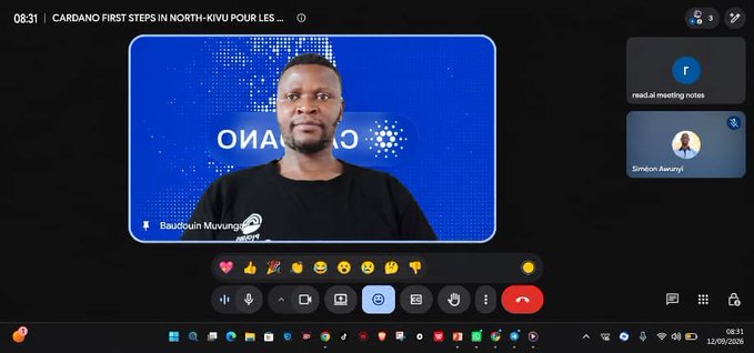 A Google Meet video call interface showing a man labeled "Baudouin Muvunga" against a blue "CARDANO" branded background, with meeting title "CARDANO FIRST STEPS IN NORTH-KIVU POUR LES..." and time 08:31.