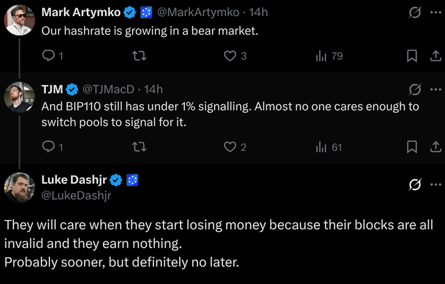 A screenshot of a Twitter/X conversation between Mark Artymko, TJM (@TJMacD), and Luke Dashjr (@LukeDashjr) discussing Bitcoin hashrate and BIP110 signaling falling under 1%, with Luke predicting miners will switch pools once they start losing money from invalid blocks.