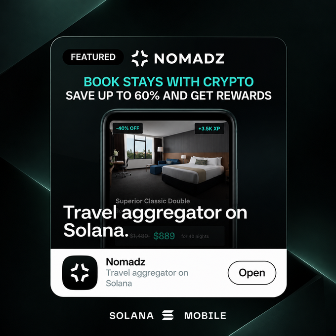 A mobile app store featured graphic for 'NOMADZ' advertising 'BOOK STAYS WITH CRYPTO - SAVE UP TO 60% AND GET REWARDS' as a travel aggregator on Solana.