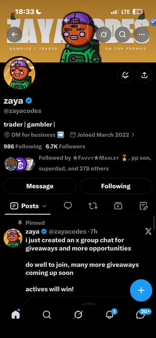 A Twitter/X profile screenshot for 'zaya' (@zayacodes), described as 'trader | gambler |', with 6.7K followers. A pinned tweet announces a new group chat for giveaways and opportunities.