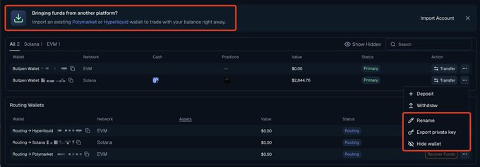 A screenshot of the Bullpen.fi interface showing a "Bringing funds from another platform?" import banner at the top with a $2,644.76 Bulpen Wallet position, and a dropdown menu highlighting options to "Export private key," "Hide wallet," and "Rename," demonstrating the platform's self-custodial wallet control.