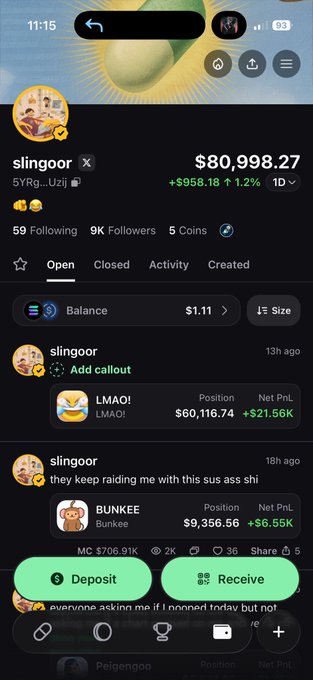 A user named slingoor shows a balance of $80,998.27, with a profit of $21.56K on a position worth $60,116.74 and another of $6.55K on $9,356.56. The post text implies that users like slingoor, potentially from "pumpfun", are now in control and making decisions.