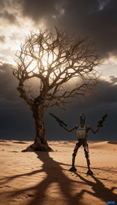 A vintage-style robot holding two guns stands next to a bare tree in a desert under a dramatic cloudy sky; the watermark 'weve' is in the corner.