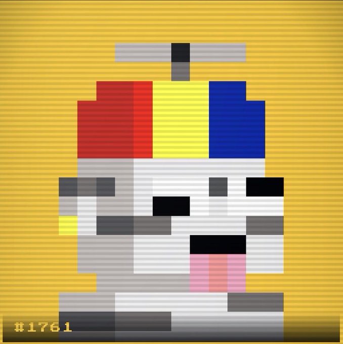 A pixel art character (#1761) with a propeller beanie featuring red, yellow, and blue colors, and a pink tongue sticking out, on a yellow background.