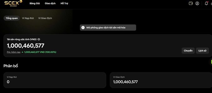 A SCEX cryptocurrency exchange dashboard in Vietnamese shows a balance of 1,000,460,577 VND, with the user's full balance available for trading.