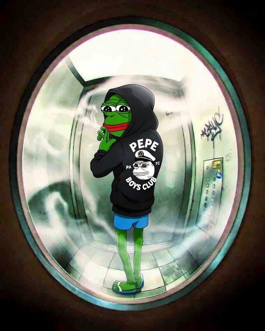A Pepe the Frog character wearing a "PEPE BOYS CLUB" hoodie smokes inside a graffiti-tagged elevator. The image ties to the "GM $PEPE" post by portraying a relaxed, street-style Pepe — embodying the "load quietly, hold loud" energy of quietly accumulating while waiting for the move up.