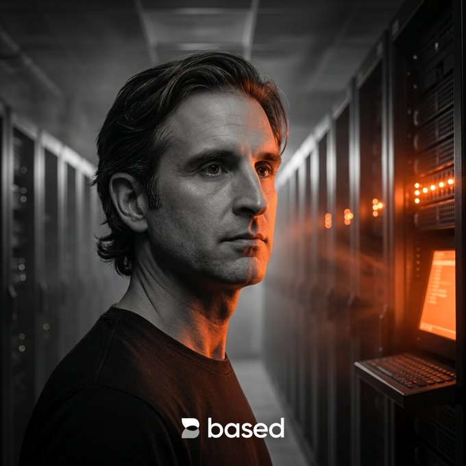 The image features a man standing next to a computer screen with an orange glow coming from behind him. The man appears to be looking at the camera, possibly posing for a photo or video shoot. The background of the image consists of rows of computers, suggesting that they are in a server room or a similar environment related to technology and computing.
