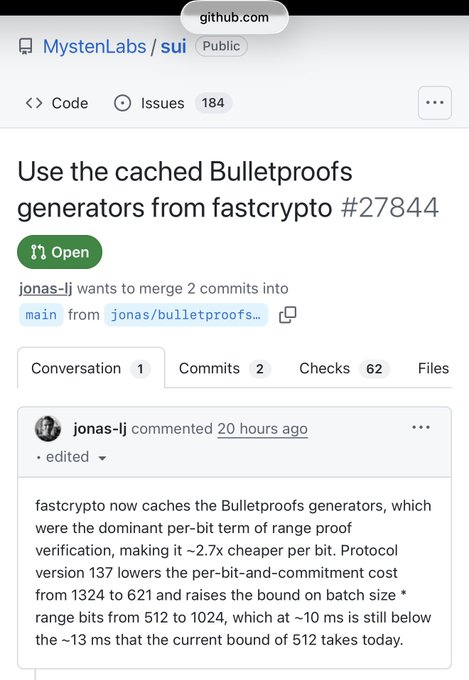 A GitHub issue from MystenLabs/sui (#27844) where user jonas-li proposes using cached Bulletproofs generators from fastcrypto, reducing per-bit cost from 1324 to 621 (~2.7x cheaper) and potentially raising the batch range proof bound from 512 to 1024. The image supports the post's message about Sui optimizing the heavy cryptographic math behind confidential transfers to make verification faster and more efficient.