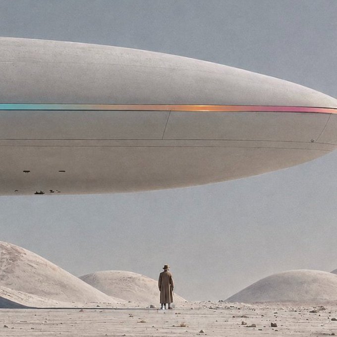 A lone figure in a trench coat and hat stands in a vast, barren desert beneath a massive, futuristic white spacecraft with a colorful horizontal stripe.