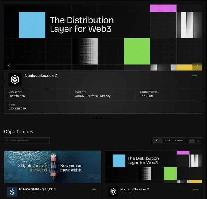 A screenshot of a Web3 platform called 'Aura Network' featuring 'The Distribution Layer for Web3' banner, a Nucleus Season 2 campaign ending in 17D 12H 08M, and ETHRA SHIP and Nucleus Season 2 opportunities.