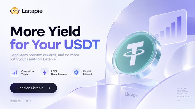 Advertisement for Listapie, a DeFi platform, promoting 'More Yield for Your USDT' with features like Competitive Yields, LISTA Boost Rewards, and Capital Efficient options.