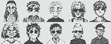A pixelated black-and-white sprite sheet featuring ten character portraits arranged in two rows of five, including figures with glasses, beards, and various hairstyles.