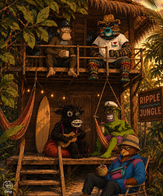 A whimsical illustration of anthropomorphic characters relaxing in a jungle treehouse setting, with a sign reading "RIPPLE JUNGLE," featuring a monkey with a skull necklace, a colorful bear in an "I ❤️ TEDDY" shirt, a grinning bear playing ukulele, a green creature in a hammock, and a sloth enjoying a coconut drink.