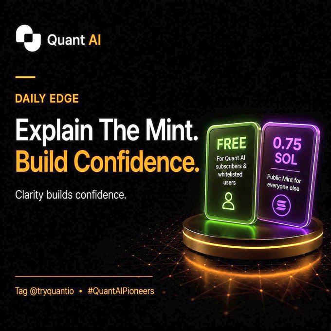 A dark promotional graphic from Quant AI features the tagline "Explain The Mint. Build Confidence." and displays two glowing cards on a golden pedestal—one offering a "FREE" mint for Quant AI subscribers and whitelisted users, and the other a "0.75 SOL" public mint, visually summarizing the two ways to join their NFT mint mentioned in the post.