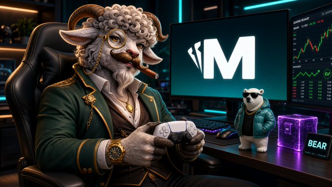 An anthropomorphic sheep character in a green jacket sits at a gaming desk with a stylized 'M' logo on the monitor, holding a controller, alongside a small bear figurine wearing sunglasses and a neon 'BEAR' sign.