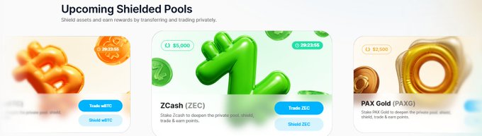 A crypto platform interface showing 'Upcoming Shielded Pools' with shield asset categories for ZCash (ZEC) at $5,000 with 29:23:05 countdown, and PAX Gold (PAXG) at $5,500, featuring trade and shield buttons.