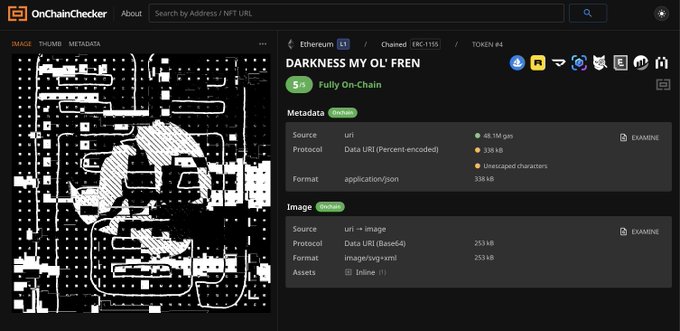 OnChainChecker interface displaying details for the fully on-chain NFT "DARKNESS MY OL' FREN" (Token #4) on Ethereum, showing a black-and-white glitchy pixel art image with metadata stored via Data URI and image via image/svg+xml inline format. The screenshot illustrates the verification result confirming the artwork's 100% on-chain storage, matching the creator's announcement of minting the piece on their fully on-chain collection contract.