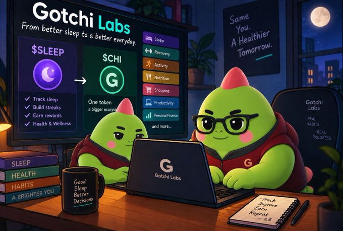 An illustrated advertisement for 'Gotchi Labs' featuring two green blob-like characters with red crests working at a laptop, with screens showing '$SLEEP' and '$CHI' tokens and text reading 'From better sleep to a better everyday.'