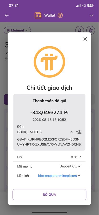 A Pi Wallet transaction confirmation screen in Vietnamese showing a sent payment of -343.0493274 Pi with a network fee of 0.01 Pi.