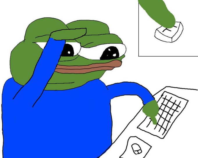 A crude digital drawing of a green frog character in a blue shirt with large, sad eyes, saluting with one hand while the other points at a grid document.