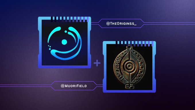 The image showcases a collaboration graphic featuring two framed elements: a glowing blue logo on the left labeled "@TheOriginss_" and a bronze-colored emblem on the right labeled "@MuoriField," connected by a plus sign. This visually represents the partnership mentioned in the post, where Origins is highlighted as a community actively supporting @MuoriField, including raffles and artist features like @ArchanNair.