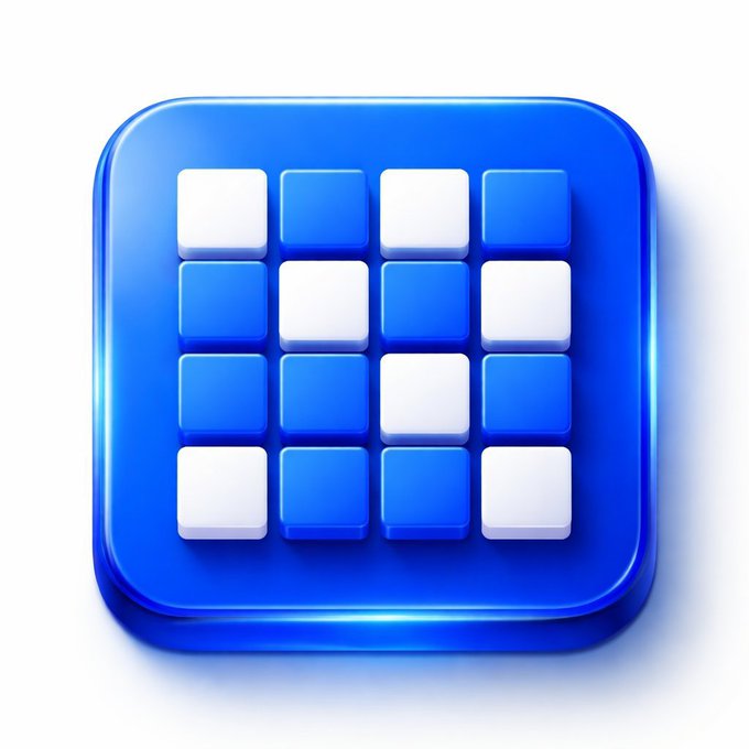 A 3D-rendered blue app icon featuring a 4x4 grid of alternating white and blue rounded squares on a white background.