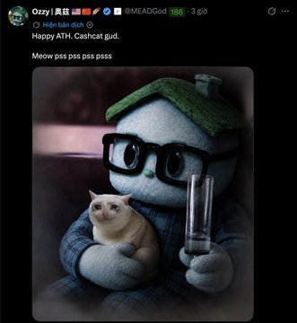A tweet by Ozzy (@MEADGod) congratulating someone on their ATH, featuring a cute image of a white cat being held by a sad, bespectacled plush character with a glass of milk.