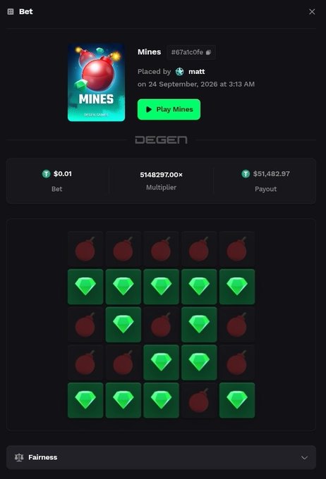 A screenshot of a Stake Mines game showing a winning bet of $0.01 with an astronomical 514,8297.00× multiplier yielding a $51,482.97 payout, placed by user "matt" (#67a1c0fe). The post "HOLY COOK" reflects the shocking nature of this improbable win from a tiny bet.