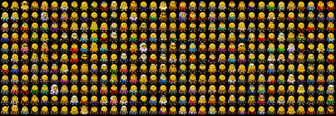 A grid of small pixel-art character sprites displays numerous unique variations of yellow "STONKS" meme figures with different outfits and accessories. The image directly supports the post's announcement by visually showcasing the variety of collectible BROKER NFTs that can be earned through engagement.