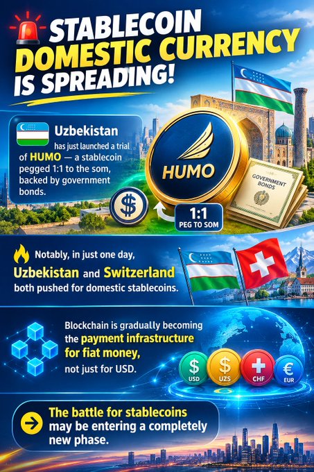 The image is a promotional infographic titled "STABLECOIN DOMESTIC CURRENCY IS SPREADING!" highlighting that Uzbekistan has launched a trial of HUMO, a stablecoin pegged 1:1 to the som and backed by government bonds, alongside a note that both Uzbekistan and Switzerland advanced fiat stablecoins in a single day, suggesting blockchain is becoming the payment infrastructure for fiat currencies, not just USD.