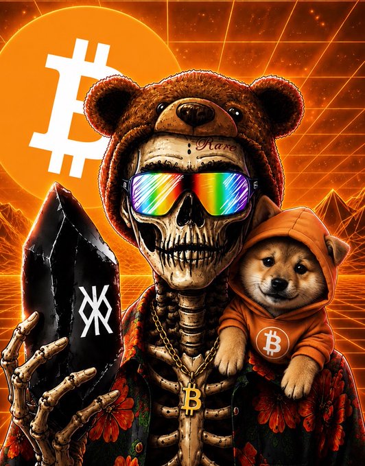 A digital artwork featuring a skeleton wearing a bear hat, rainbow sunglasses, and a Bitcoin necklace, holding a Bitcoin-themed crystal and a Shiba Inu puppy in a Bitcoin hoodie, with a large Bitcoin logo in the background.