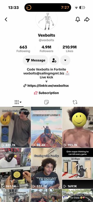 TikTok profile of Vexbolts (@vexbolts) showing 663 Following, 4.9M Followers, 210.9M Likes, with 'Code Vexbolts in Fortnite' and a grid of video thumbnails