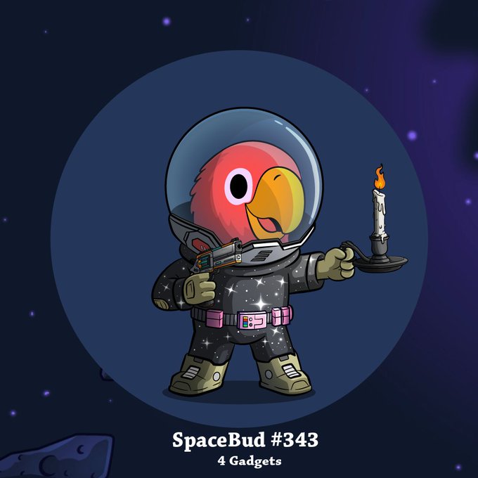 A digital illustration of a cartoon red bird astronaut in a space suit holding a gun and a candle, labeled 'SpaceBud #343' and '4 Gadgets' against a starry background.