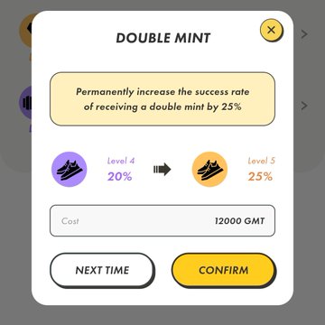 A mobile game UI screen titled 'DOUBLE MINT' offering to permanently increase the success rate of receiving a double mint by 25% (upgrading from Level 4 at 20% to Level 5 at 25%) for a cost of 12000 GMT, with 'NEXT TIME' and 'CONFIRM' buttons.