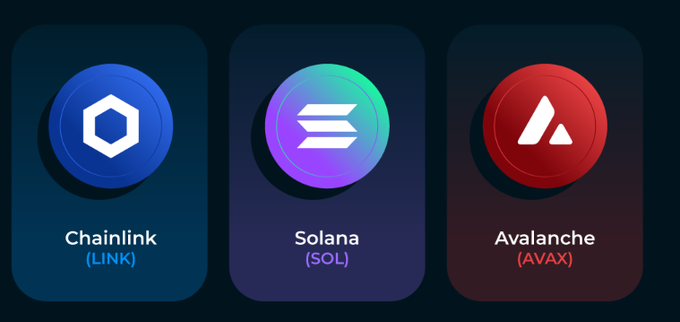 Cryptocurrency logos for Chainlink (LINK), Solana (SOL), and Avalanche (AVAX) displayed in colorful 3D-style icons.