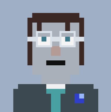 A pixel art portrait of a gray-skinned character with dark hair, wearing white square glasses and a dark suit with a teal tie, with a small blue logo on the lapel.