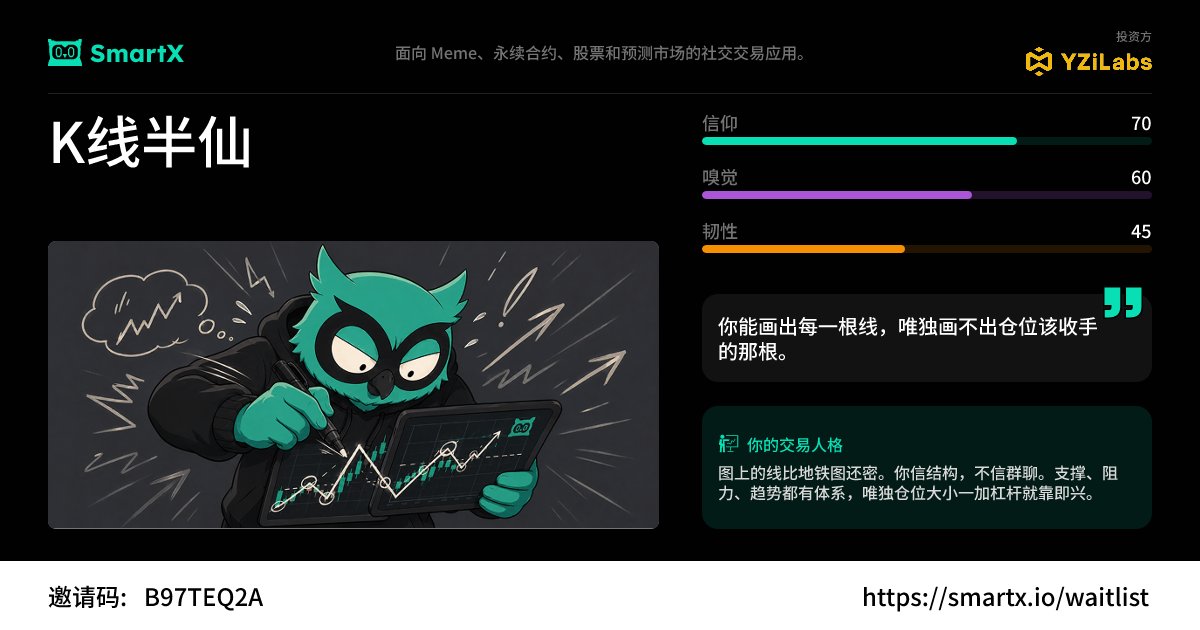 A digital profile card titled 'K线半仙' from 'SmartX' featuring a green masked character drawing candlestick charts, with stats for belief,嗅觉, and韧性, and the URL 'https://smartx.io/waitlist' with invite code 'B97TEQ2A'.