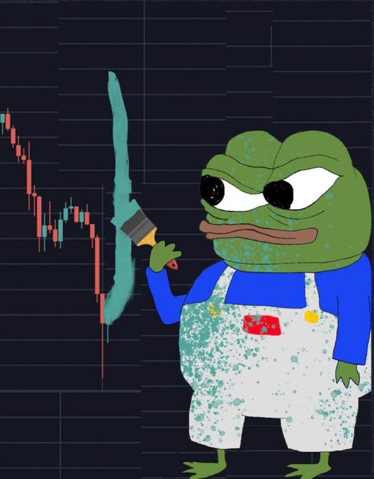 A cartoon image of an angry Pepe the Frog character wearing paint-splattered overalls and holding a paintbrush, standing in front of a red and green stock market candlestick chart.