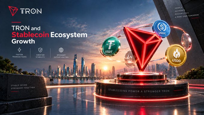 A promotional graphic for TRON titled 'TRON and Stablecoin Ecosystem Growth' showing USDT, USDC, and USDD stablecoins orbiting a glowing red TRON logo against a futuristic cityscape.