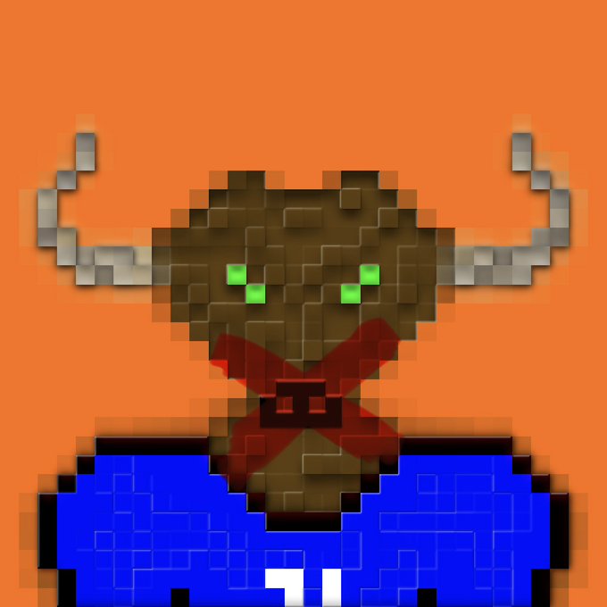 A pixel art image of a horned creature with green eyes wearing a red bandana and blue outfit against an orange background.