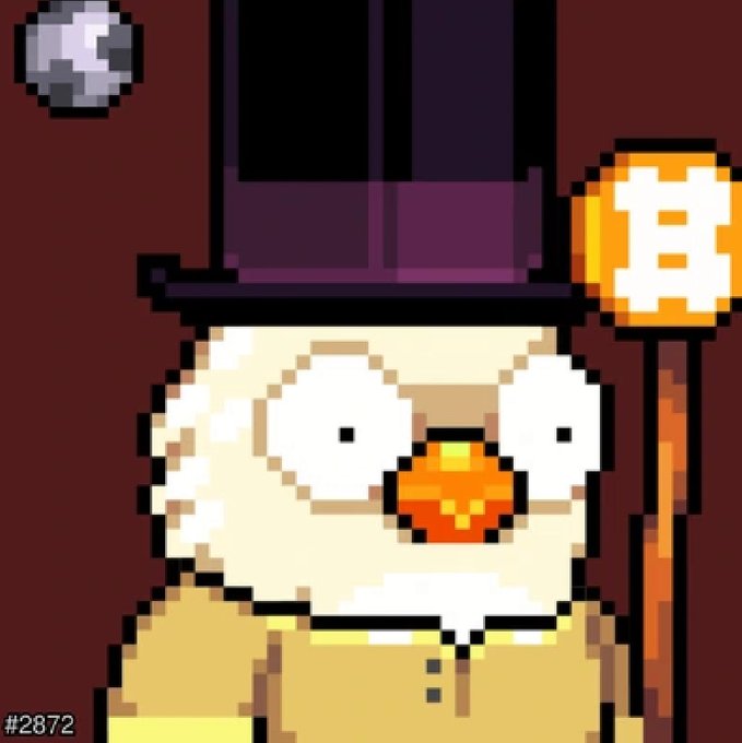 A pixel-art illustration shows a wide-eyed owl-like character wearing a black top hat and yellow shirt, holding a Bitcoin symbol staff, with the text '#2872' in the corner.