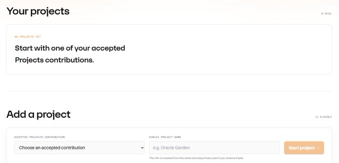 The image shows the GenLayer Project Explorer interface, featuring an empty "Your projects" section (0 total) with a prompt to "Start with one of your accepted Projects contributions," and an "Add a project" form below with a dropdown to "Choose an accepted contribution" and a field labeled "PUBLIC PROJECT NAME" (e.g., "Oracle Garden") alongside a "Start project" button. This interface directly illustrates the newly launched Project Explorer announced in the post, allowing community members to convert their accepted Projects contributions into discoverable Explorer entries.