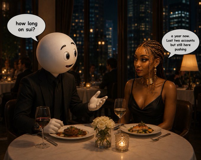 A meme featuring a person with a cartoon egg head sitting at a fancy dinner, asking 'how long on sui?' with the woman responding 'a year now. Lost two accounts but still here pushing'.