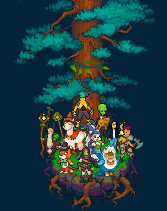 Pixel art illustration depicting various fantasy characters and creatures gathered around the base of a large tree with teal-colored foliage against a dark background.