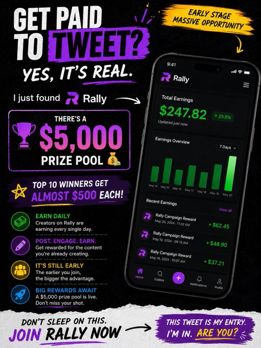 The image features a cell phone prominently displayed with its screen showing a message about the "#get PaidToTweet" promotion. The phone also displays some numbers such as $5,000 and $5,800 that are associated with the promotion. A poster or flyer is seen in the bottom right corner of the image, which encourages users to participate by sharing their tweets related to cryptocurrency projects on a specific hashtag. This could be an opportunity for those who have found success with crypto projects to share their experiences and potentially earn some money through the promotion.