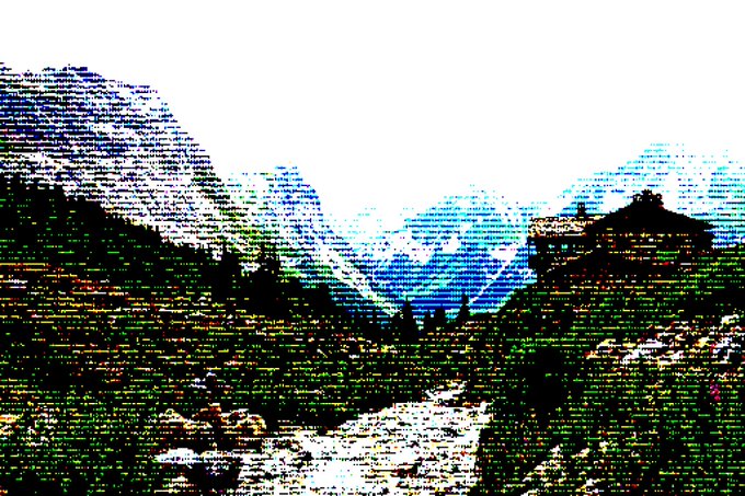 A heavily pixelated or glitch-style image showing a mountain landscape with blue and green hues, featuring small structures on the hillsides and what appears to be a valley or river in the center.